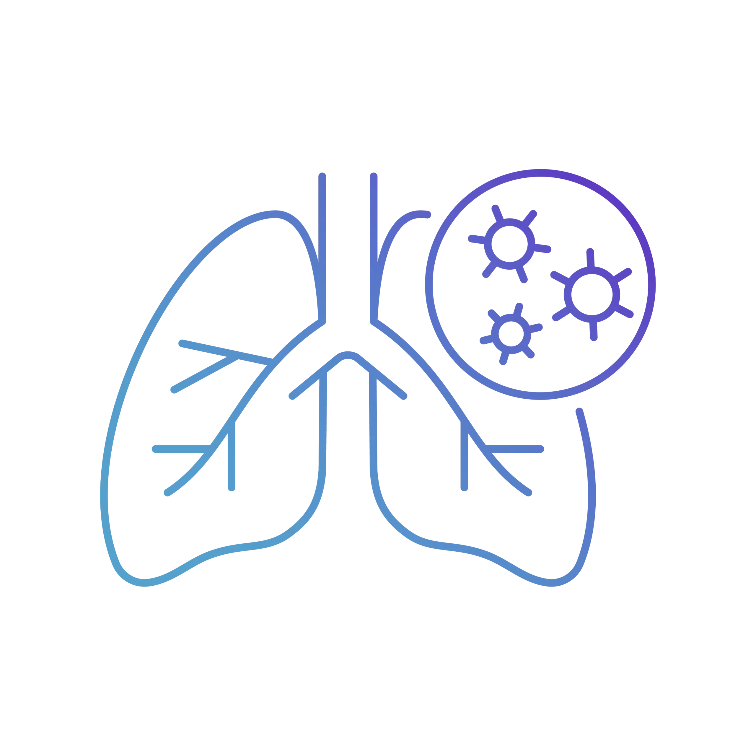 Graphic representation of human lungs with a highlighted section showing blue and purple gears, symbolizing a mechanical or technological concept.
