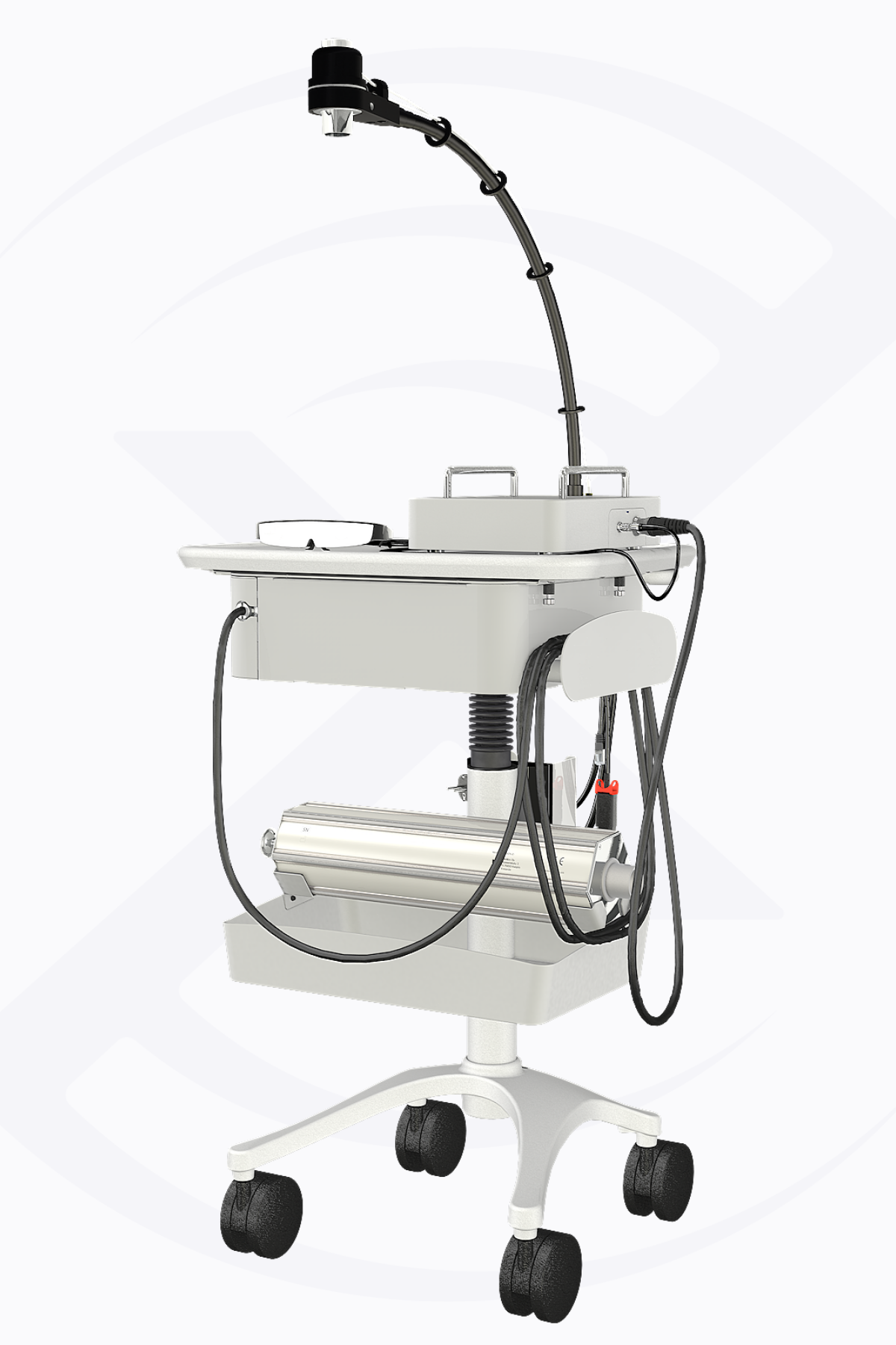 Professional portable medical workstation cart for radiation therapy with devices attached, featuring a rolling base and adjustable arm.