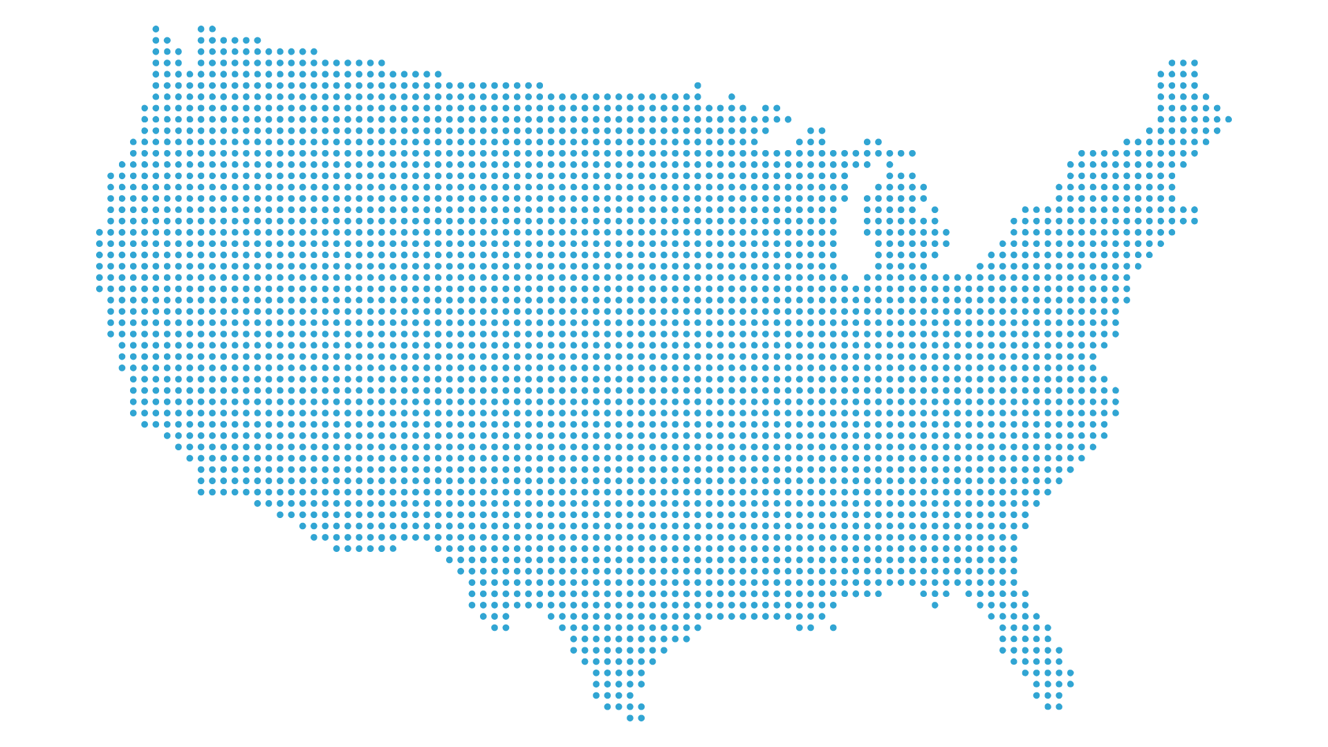 Map of the United States showing major cities, represented with dots, superimposed on a blue background with a grid pattern.