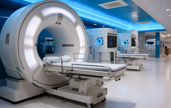 Two MRI machines and a radiation therapy unit in a modern hospital imaging room with blue lighting and adjacent medical equipment.