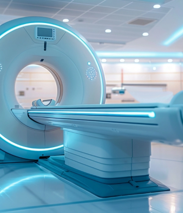 A modern MRI machine in a brightly lit, sterile medical imaging room with blue lighting accents and a large circular opening.