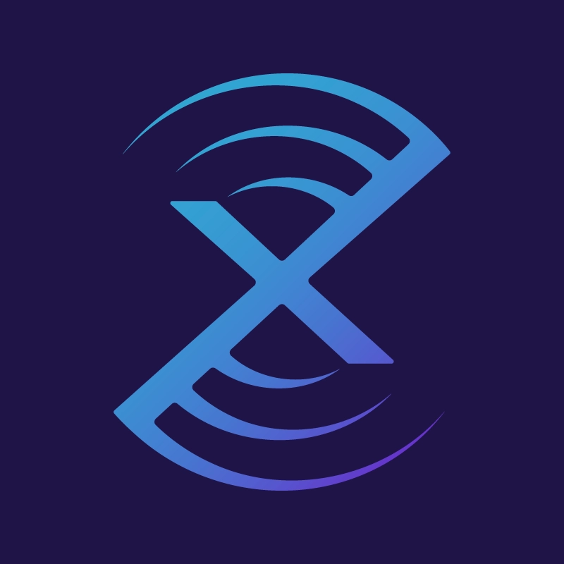 A blue and purple abstract logo featuring a stylized "X" with curved lines emanating from it, set against a dark blue background.
