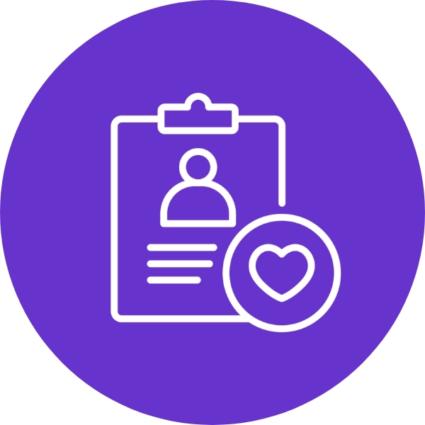 White line icon of a clipboard with a user profile and a heart symbol inside a circle, on a solid purple background.