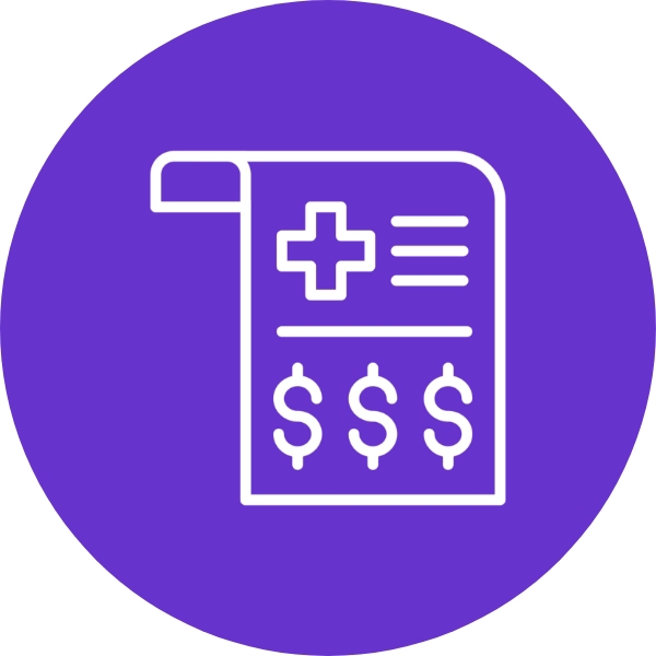 White outline of a medical bill with dollar signs on a purple circular background.