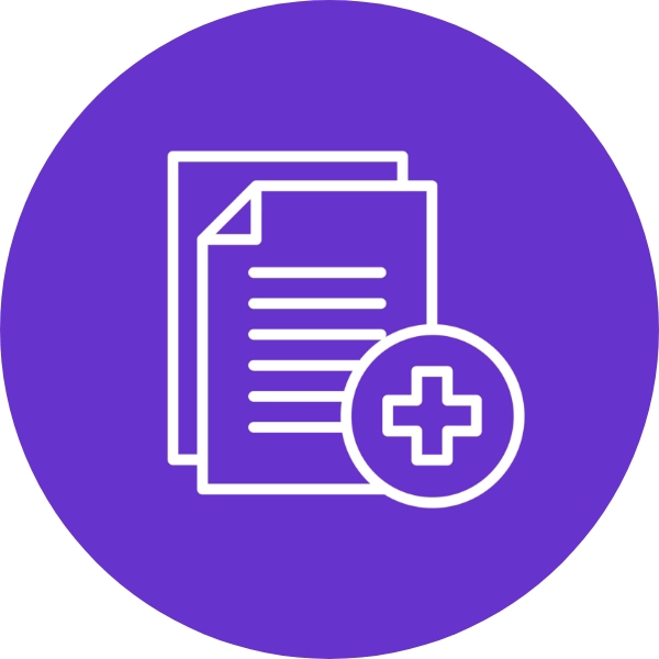 White outline of two stacked documents and a medical cross on a purple circular background.